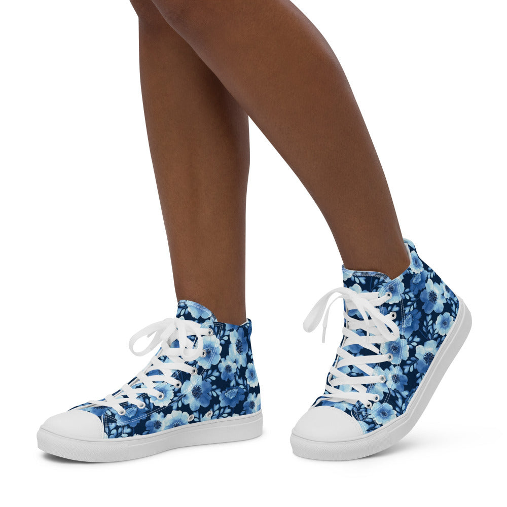 True Blue Floral Women’s High Top Sneakers - White Color - https://ascensionemporium.net